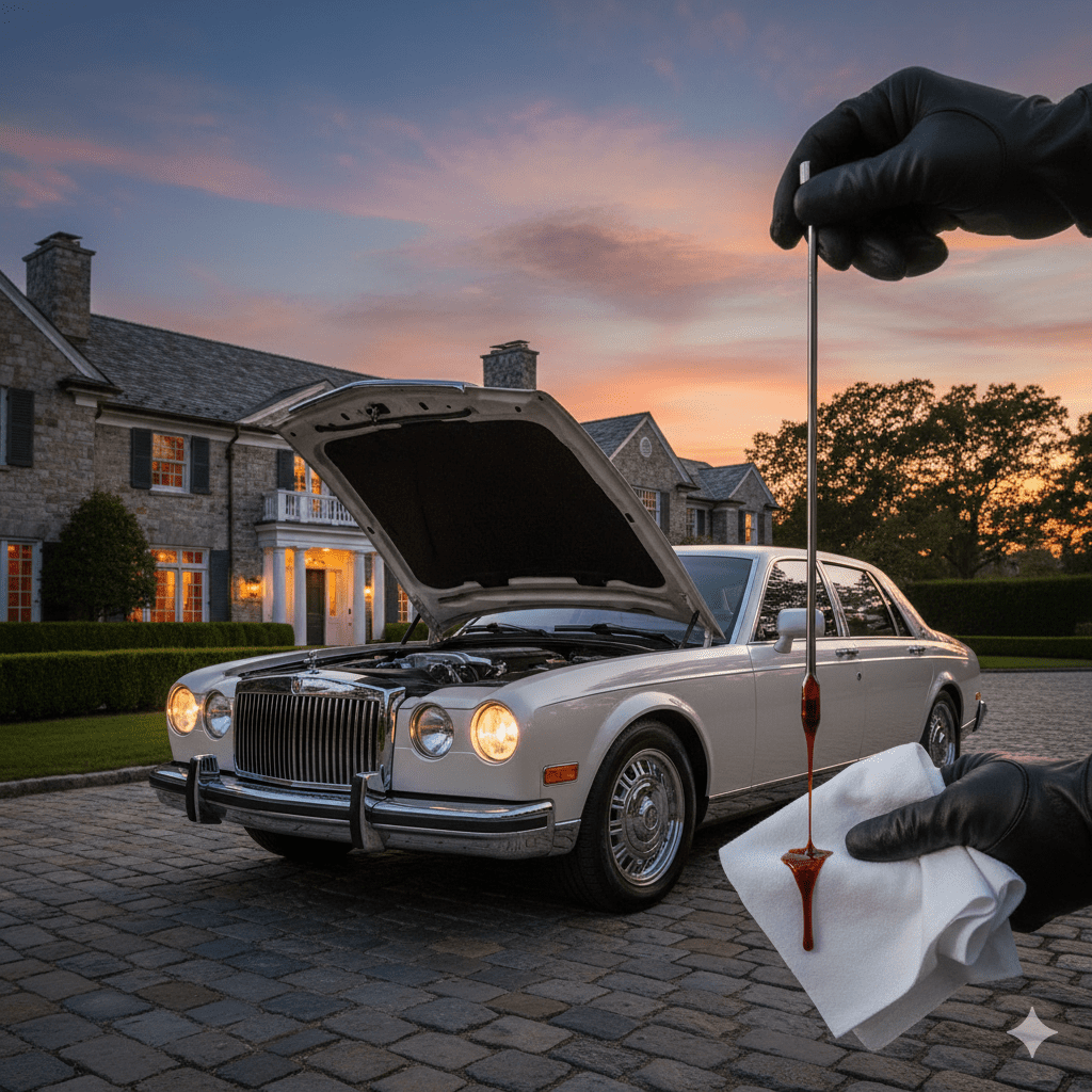 Checking transmission fluid in a luxury sedan at sunset