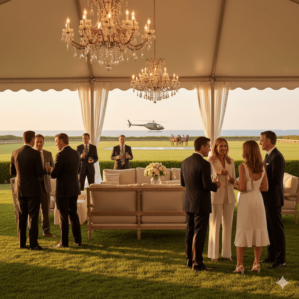 Exclusive Hamptons business networking party with luxury estate ocean views