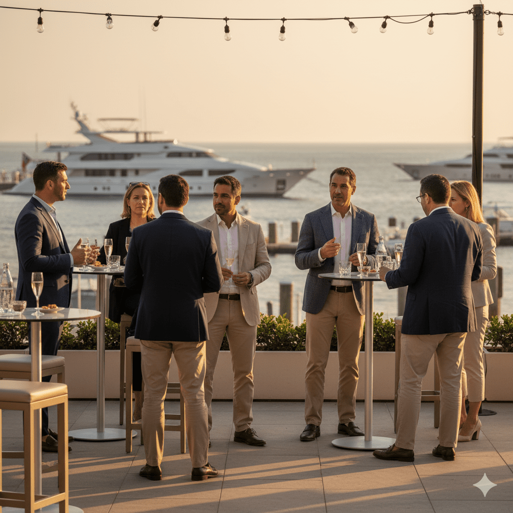 Private equity professionals networking at exclusive Hamptons business event