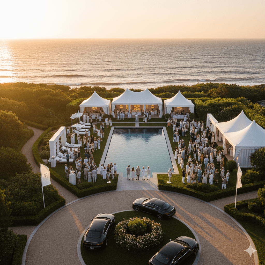 Luxury brand activation at exclusive Hamptons oceanfront estate during golden hour with elegant guests and ocean views