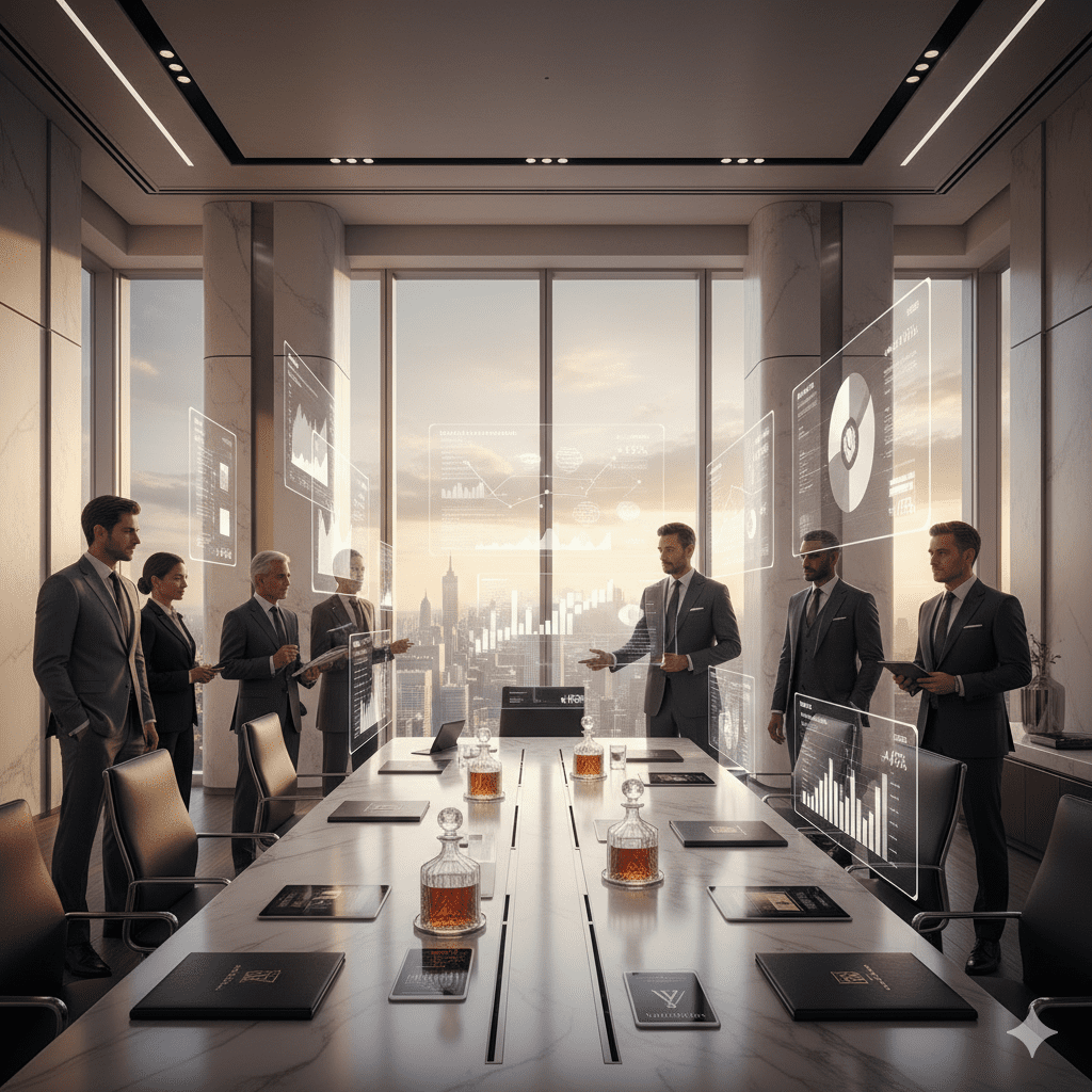 Luxury brand executives analyzing marketing strategy data in modern Manhattan boardroom