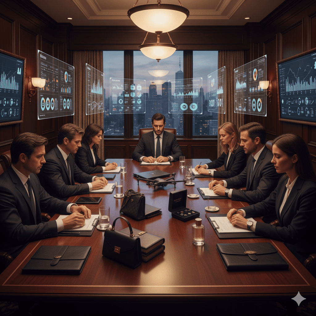 Private equity professionals analyzing consumer brand investment opportunities in luxury Manhattan boardroom