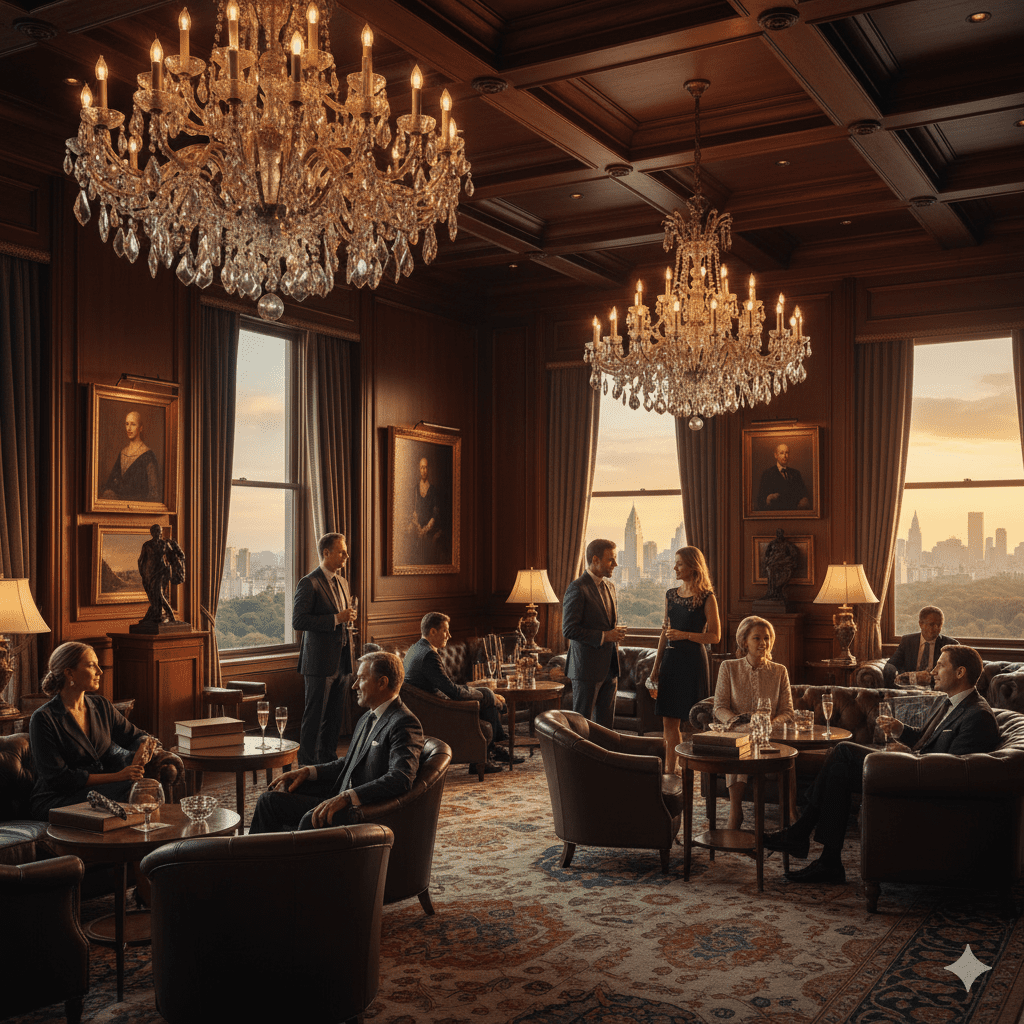 Elegant Manhattan private club interior with members networking