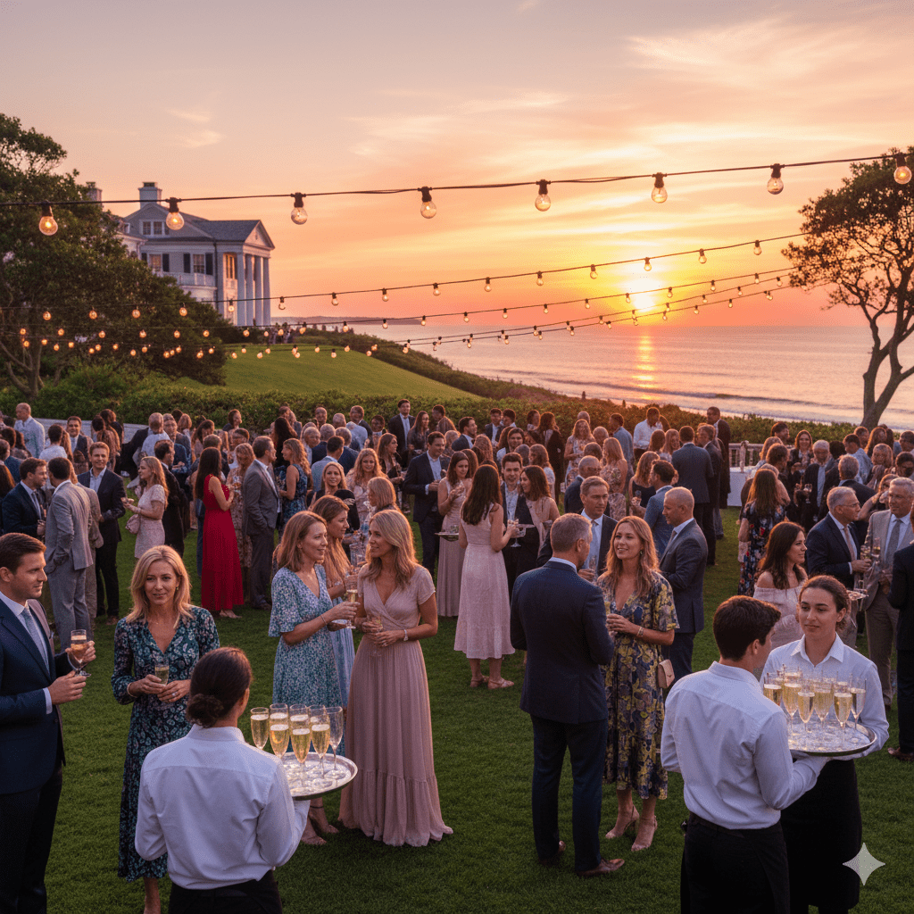 Elegant Hamptons networking event with guests socializing at sunset