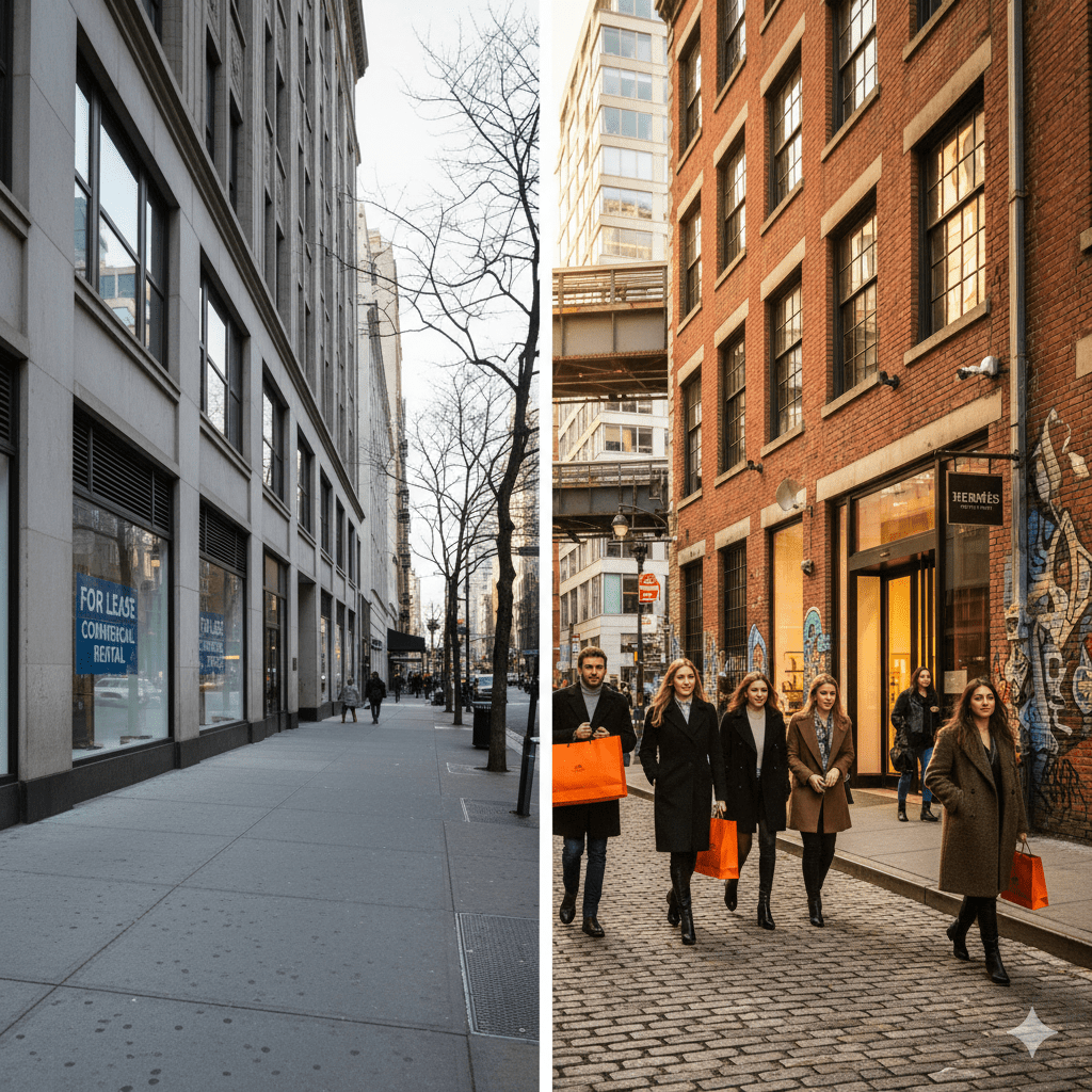 Split image showing abandoned Madison Avenue luxury retail space versus thriving secret NYC address with modern luxury boutiques