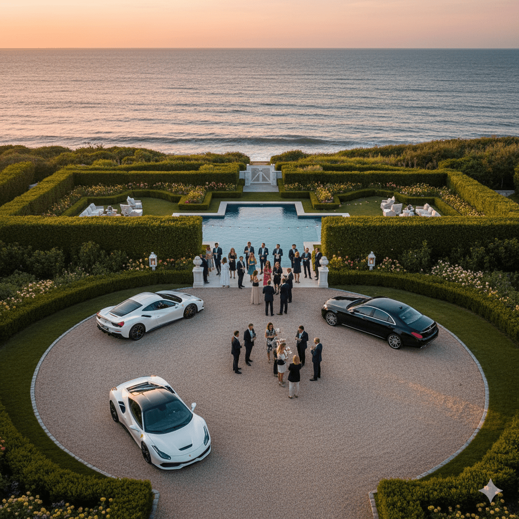 A stunning aerial view of an exclusive Hamptons estate during golden hour, showing an elegant poolside gathering with luxury cars in the circular driveway, beautifully manicured gardens, and the Atlantic Ocean visible in the background. Well-dressed business executives and luxury brand representatives mingle on pristine white terraces beneath string lights, with champagne service and a subtle sense of power and influence in the air. The scene should capture the essence of where billion-dollar deals happen through casual conversation.