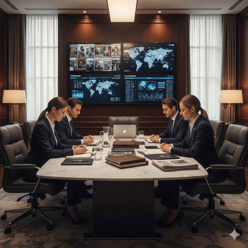 Family office executives reviewing luxury media acquisition opportunities