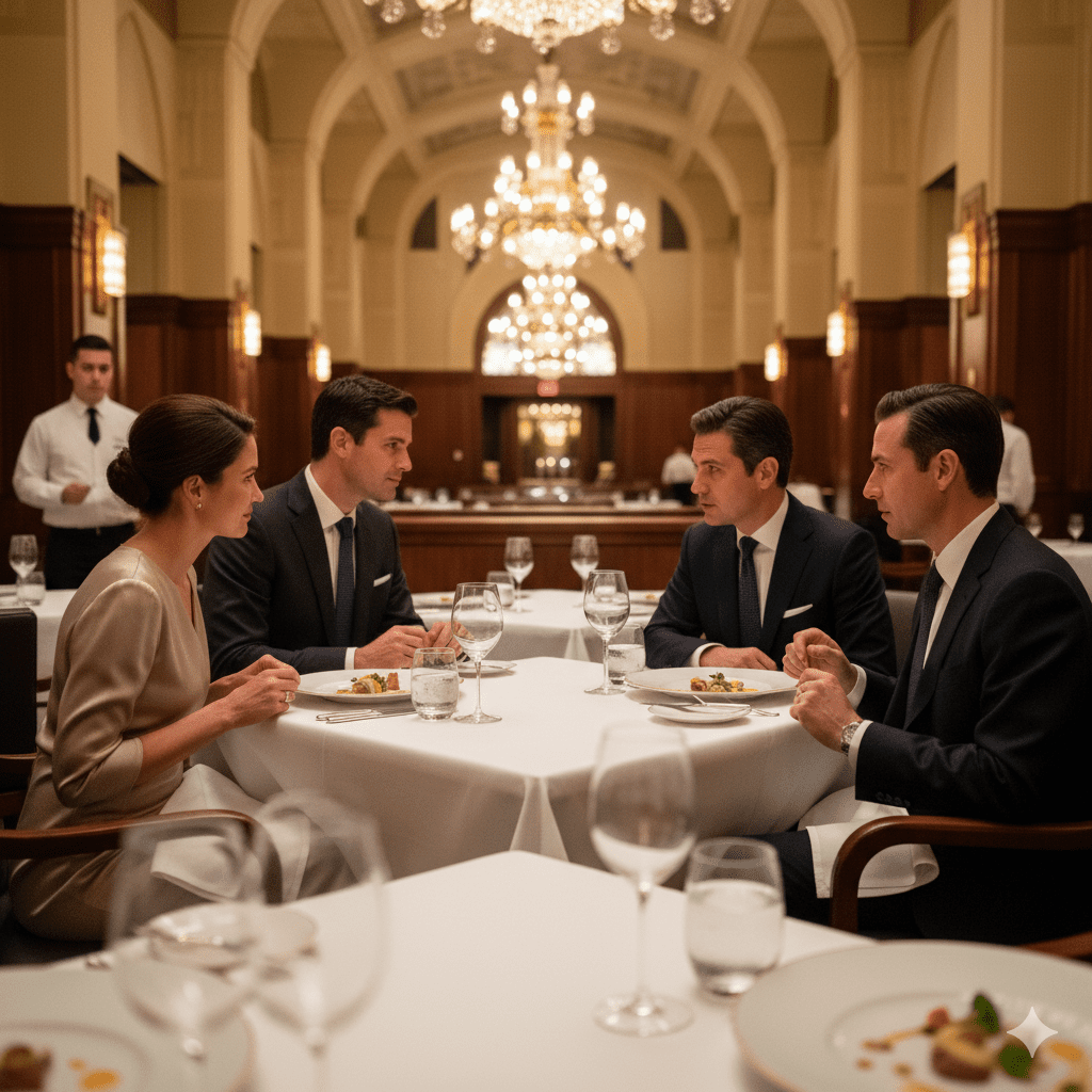 An elegant scene inside Eleven Madison Park's iconic dining room during peak dinner service, showing two well-dressed business professionals engaged in intimate conversation at adjacent tables. The setting should capture the restaurant's sophisticated Art Deco architecture with its soaring ceilings, warm lighting, and impeccable table settings. Include subtle details like wine glasses, the famous tasting menu presentations, and attentive service staff in the background. The atmosphere should convey the exclusive, refined environment where high-stakes business conversations happen naturally between courses.