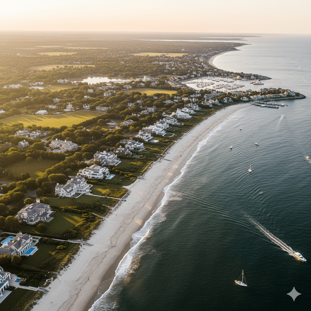 Aerial view of Hamptons luxury neighborhoods showing Southampton, East Hampton, and Montauk coastal estates