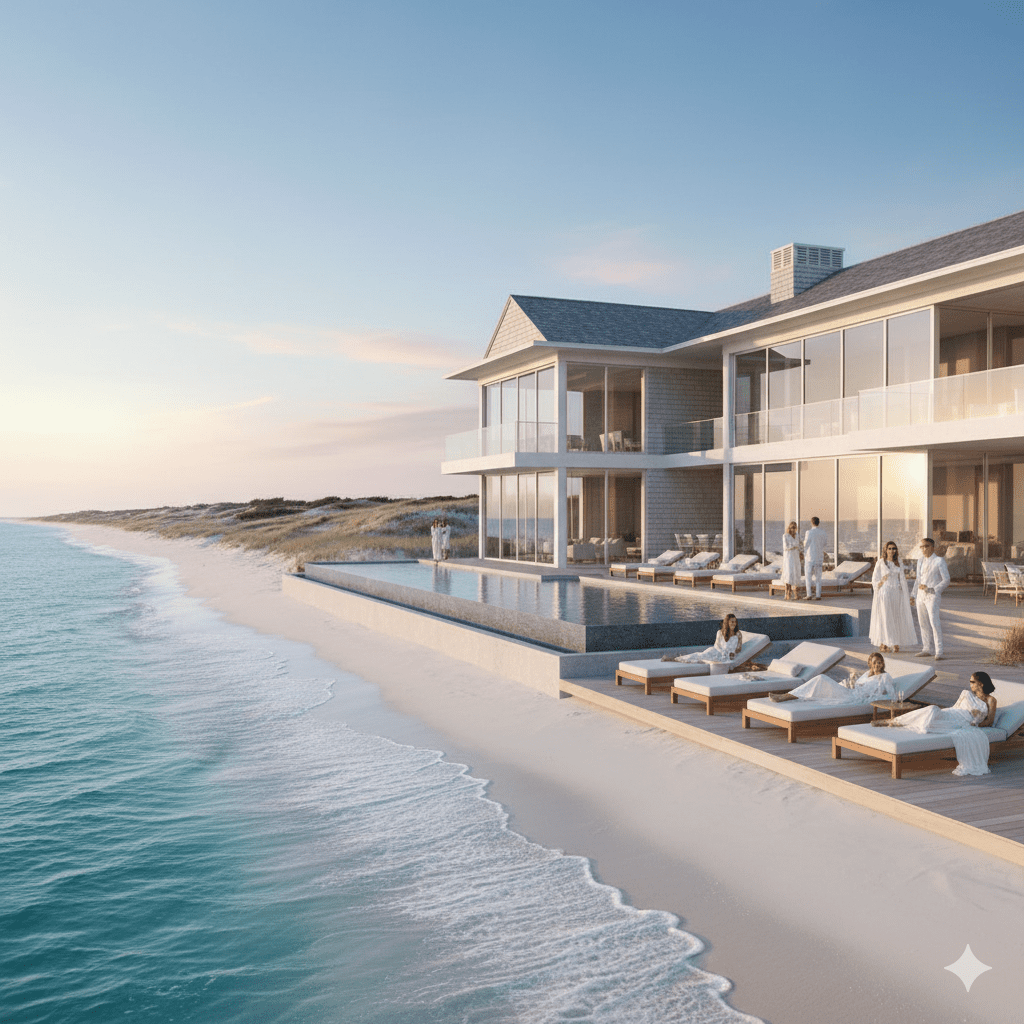 A photorealistic vista of a sleek, white-washed Hamptons beachfront hotel at golden hour, where turquoise waves kiss powdery sands under a vast cerulean sky streaked with pink hues. Elegant guests in linen whites and oversized sunnies mingle on teak loungers by an infinity pool overlooking the Atlantic, champagne flutes glinting, while distant dunes frame a modernist facade blending glass walls with weathered shingles—evoking timeless exclusivity and whispered deals.