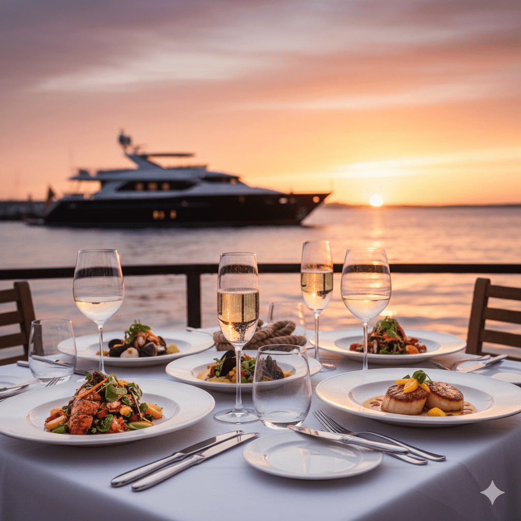 Luxury waterfront dining experience in the Hamptons with fresh seafood and sunset views