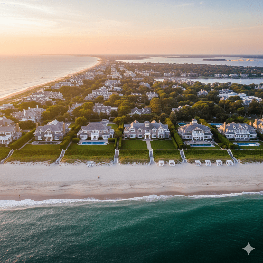 Aerial golden-hour vista of Southampton Hamptons' elite enclaves and sun-kissed shores