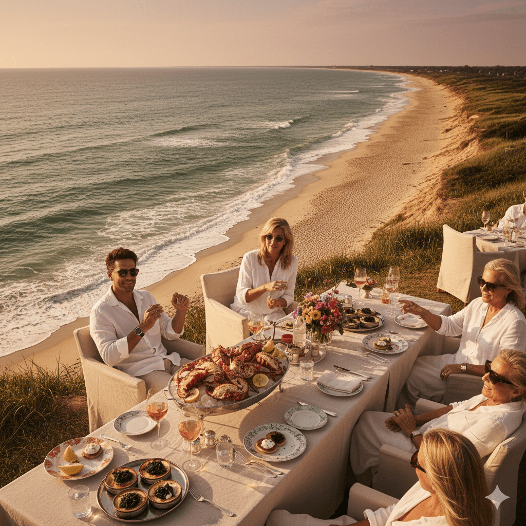 Sunset feast at the best East Hampton restaurants, showcasing lobster and champagne luxury.