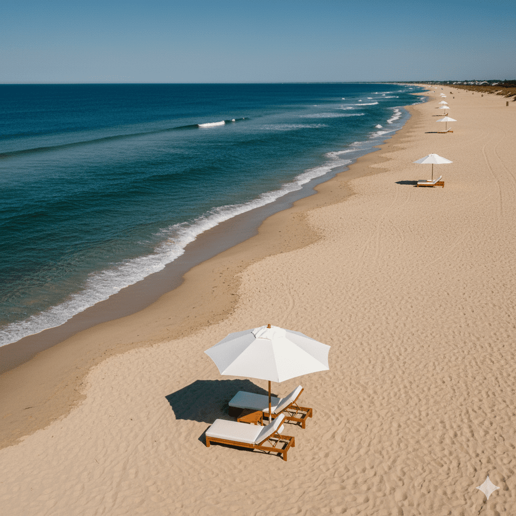 Empty, luxurious beach chairs and umbrella on Main Beach, East Hampton, symbolizing exclusive, private access.