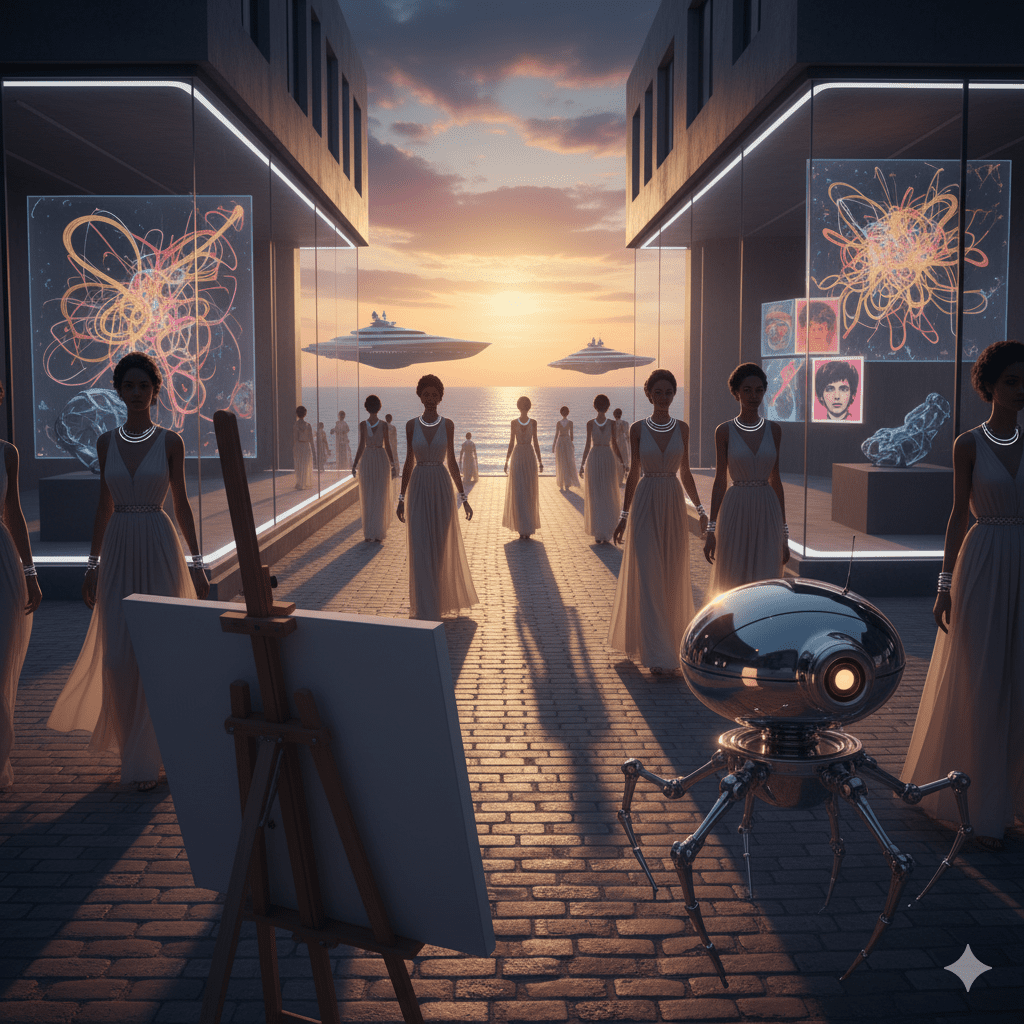 Sunset vista of East Hampton's Art World summer elegance, blending luxury galleries and cosmic whimsy.