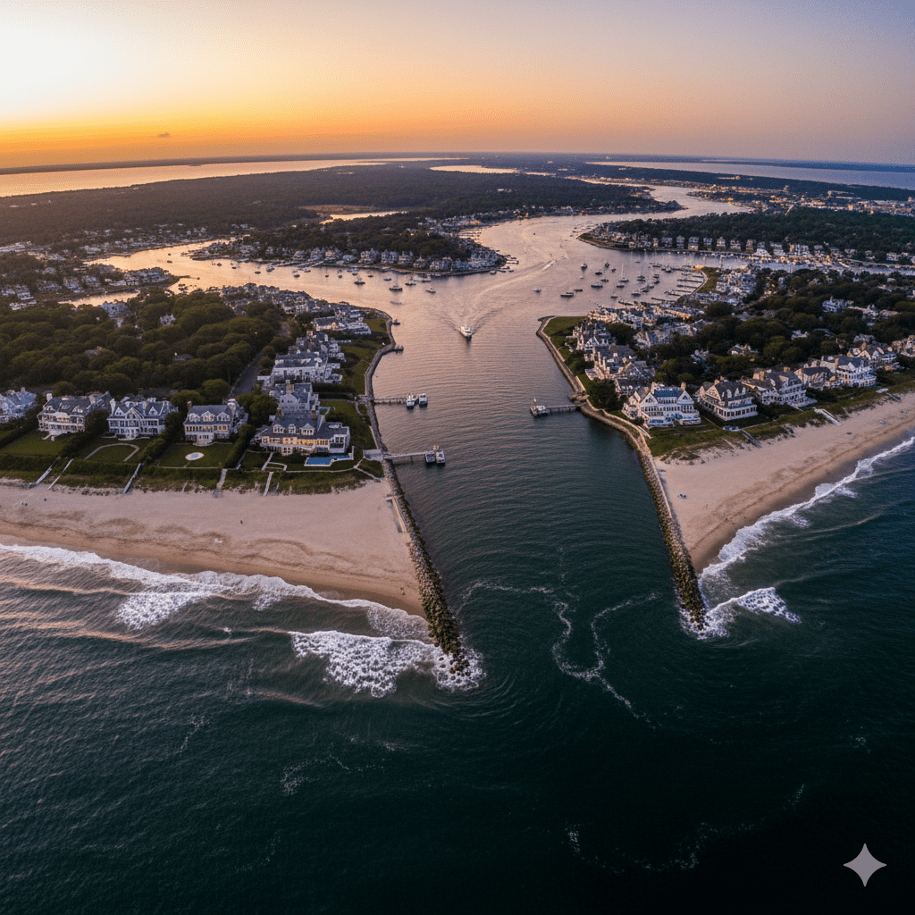 Aerial twilight panorama contrasting Southampton estates and East Hampton dunes in the Hamptons.