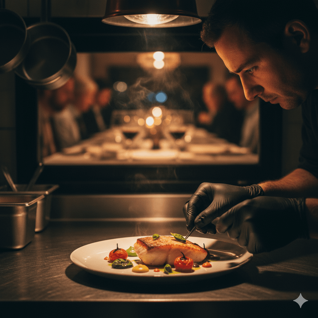 Chef plating halibut in a focused, low-light Westhampton restaurant kitchen.