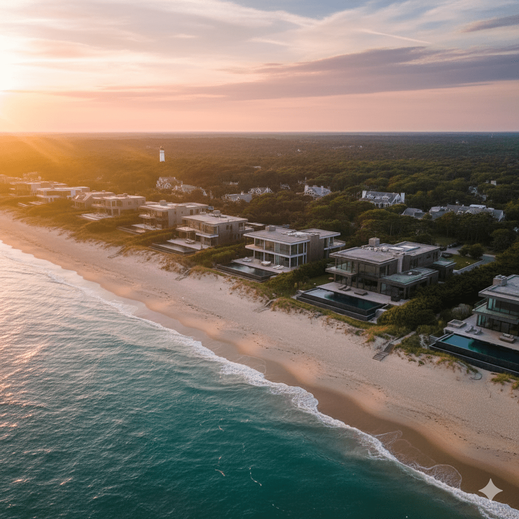 Golden hour aerial of Westhampton Beach luxury estates and coastline