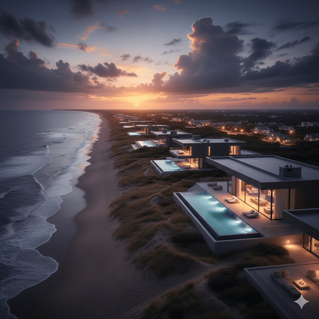 Panoramic dusk view of Westhampton Beach dunes and luxury villas in the Hamptons