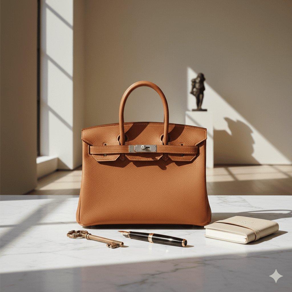 Elegant Hermès Birkin bag on marble surface in luxurious minimalist setting representing exclusive luxury brand marketing strategies