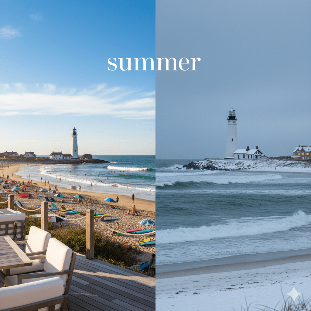 Split-season view of Montauk showing summer beach scene with surfers and winter snow-covered lighthouse, representing year-round luxury travel experiences