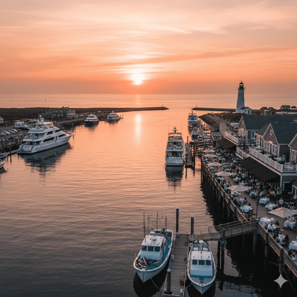 Elegant waterfront restaurants in Montauk Harbor at sunset with fishing boats and luxury dining terraces overlooking the Atlantic Ocean