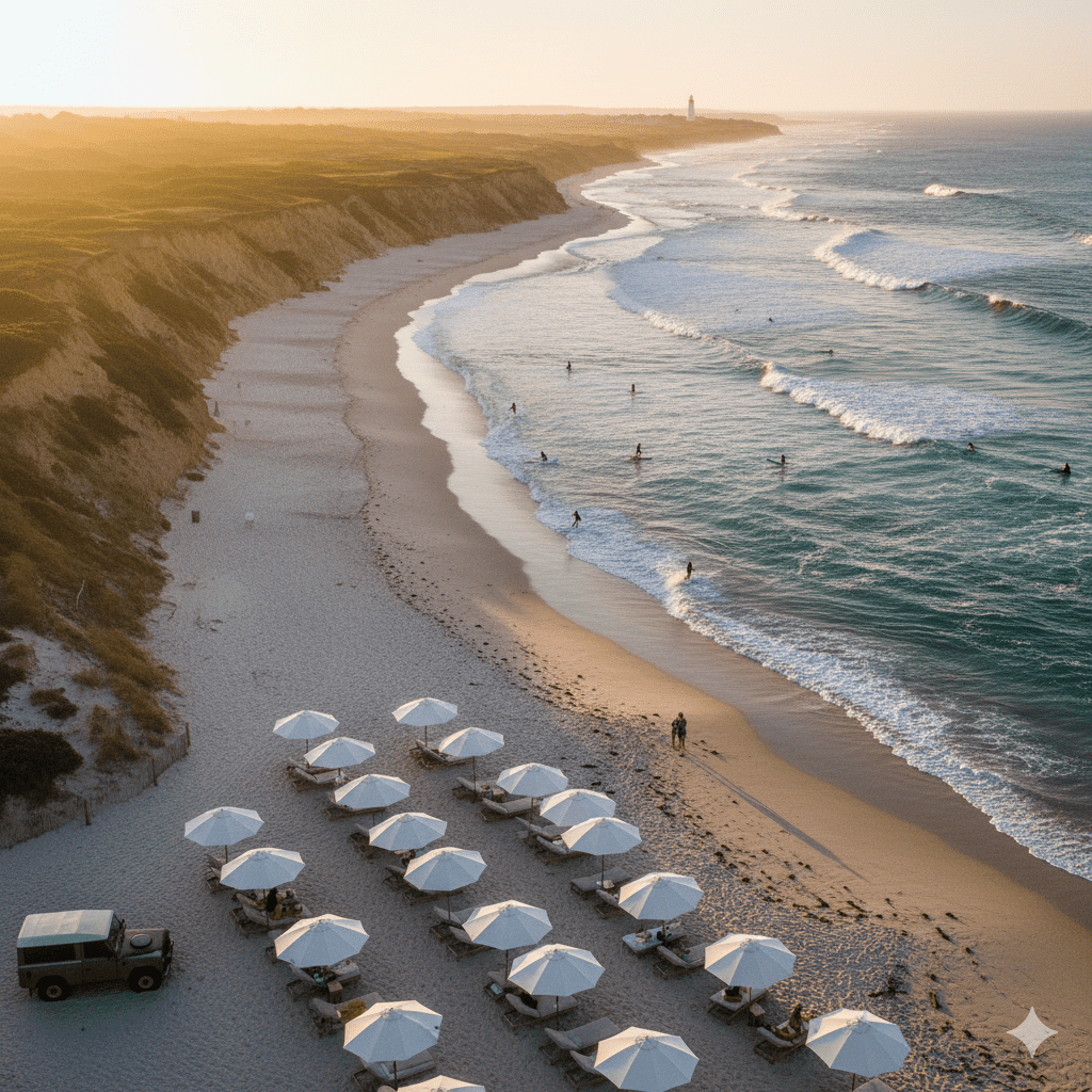 Aerial view of Ditch Plains Beach Montauk showing dramatic bluffs, pristine sand, surfers in Atlantic waves, and luxury beach amenities during golden hour