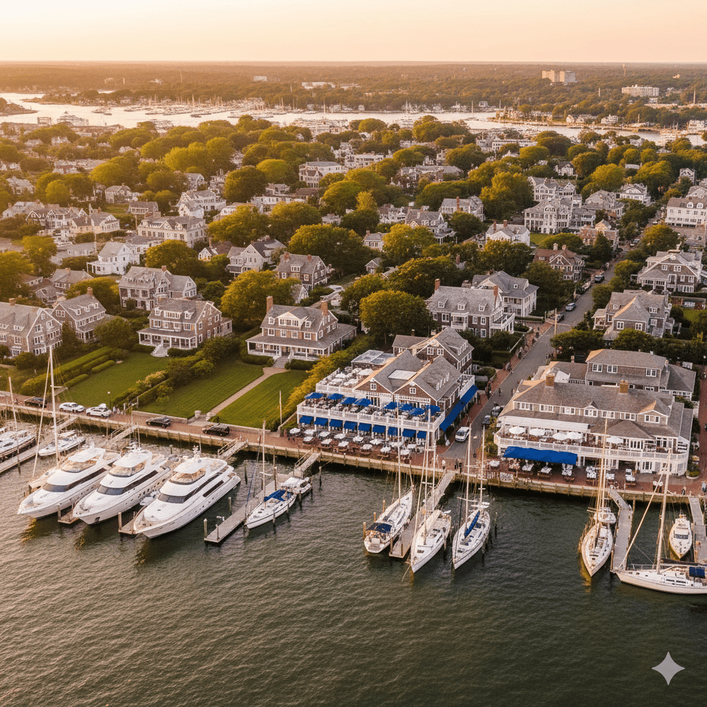 Aerial view of Sag Harbor luxury real estate market showing waterfront mansions, marina with yachts, and historic village architecture at sunset