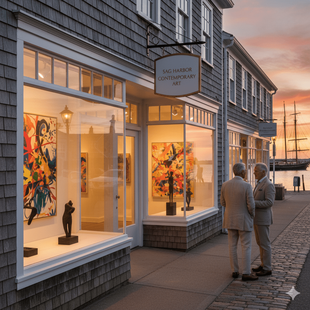 Sag Harbor art galleries on Main Street at sunset with collectors viewing contemporary artwork through gallery windows