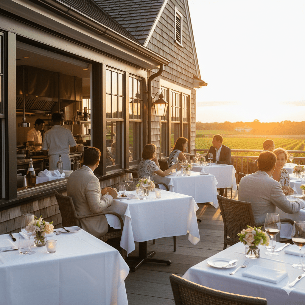 Elegant Bridgehampton restaurant terrace at sunset with fine dining tables and sophisticated guests enjoying luxury cuisine in the Hamptons