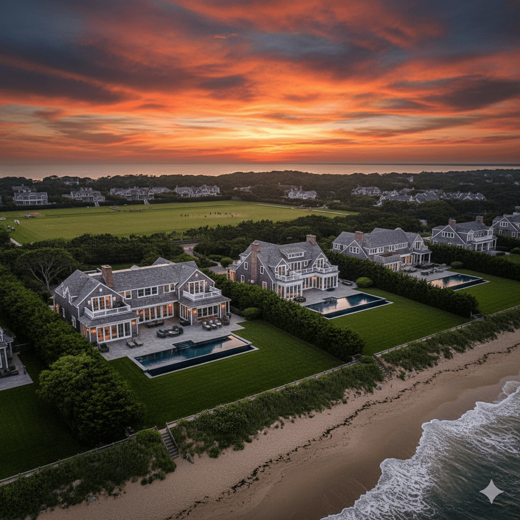 Luxurious aerial vista of Bridgehampton Hamptons at twilight