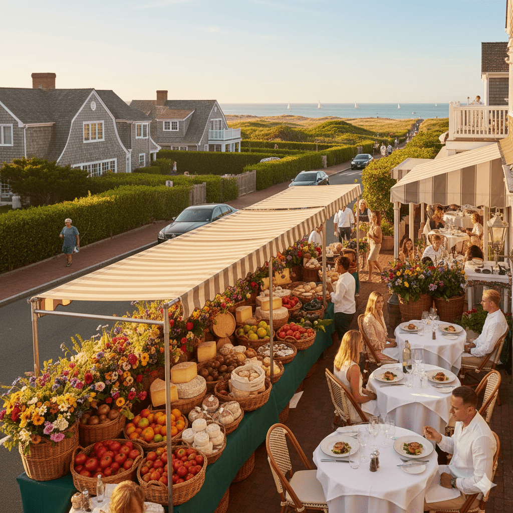 Vibrant farmers market and fine dining tableau in Bridgehampton, Hamptons