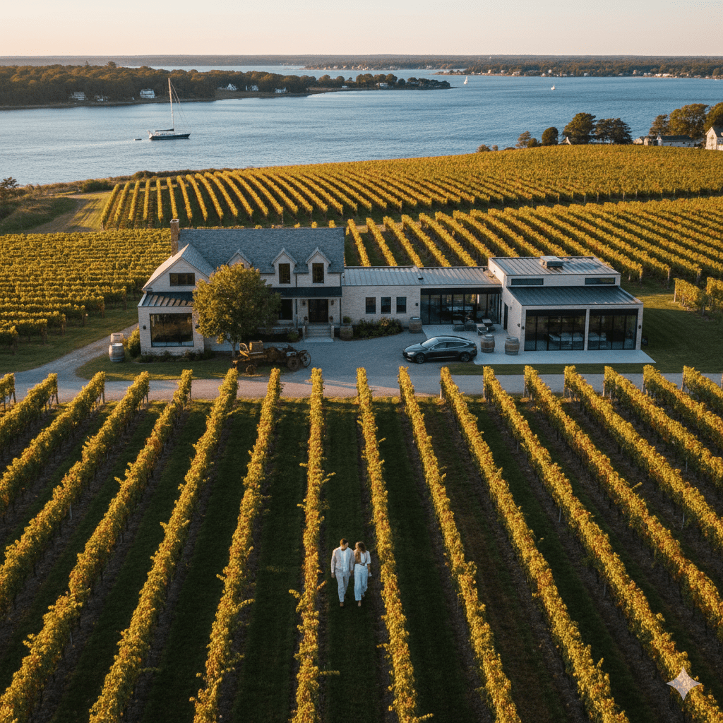 Elegant couple enjoying wine tasting at luxury North Fork vineyard with Long Island Sound waterfront views at sunset