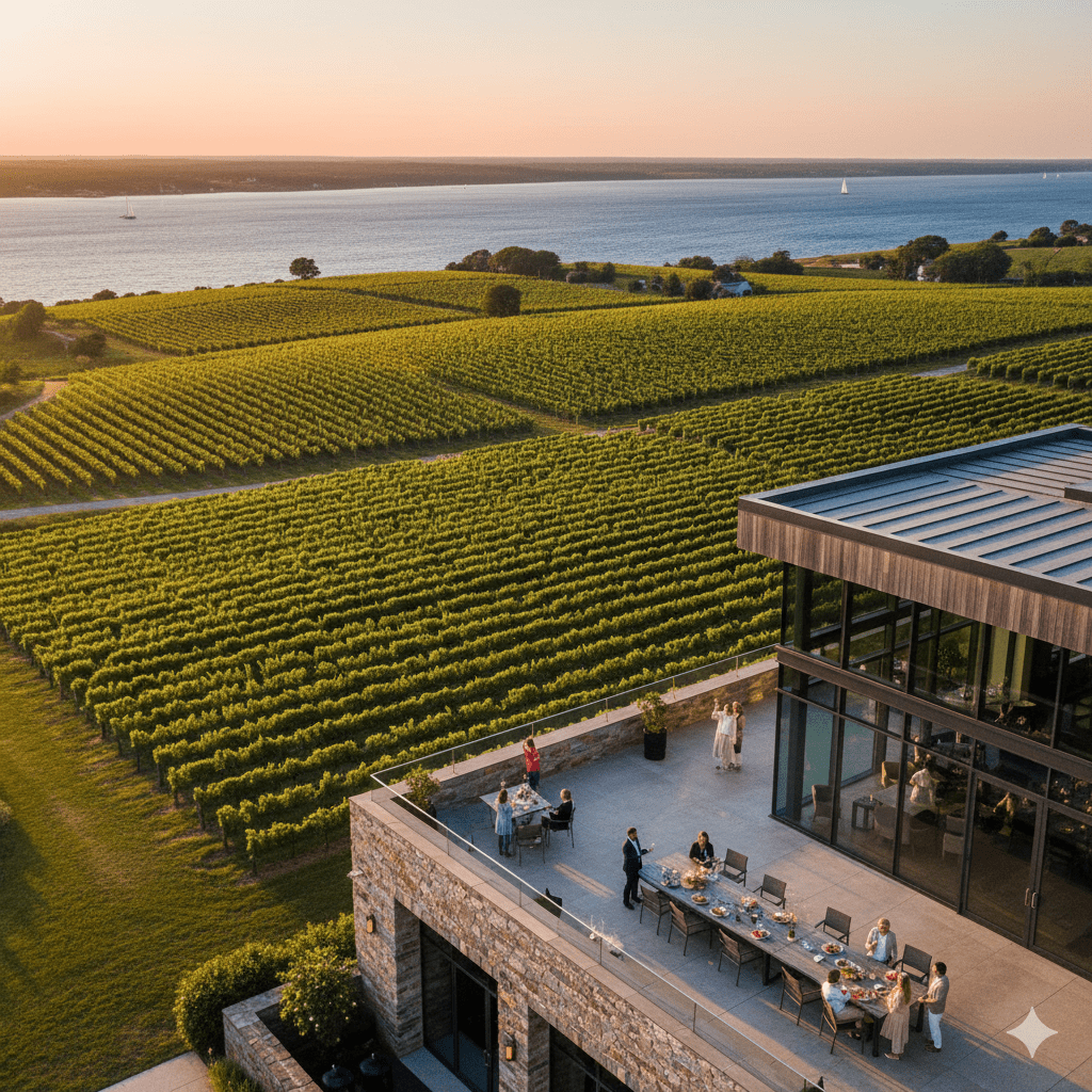 Aerial view of North Fork Long Island vineyards at sunset with luxury winery tasting room and Long Island Sound in background
