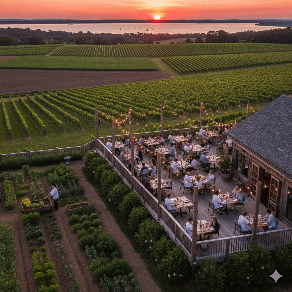North Fork restaurant outdoor terrace dining at sunset with farm and vineyard views