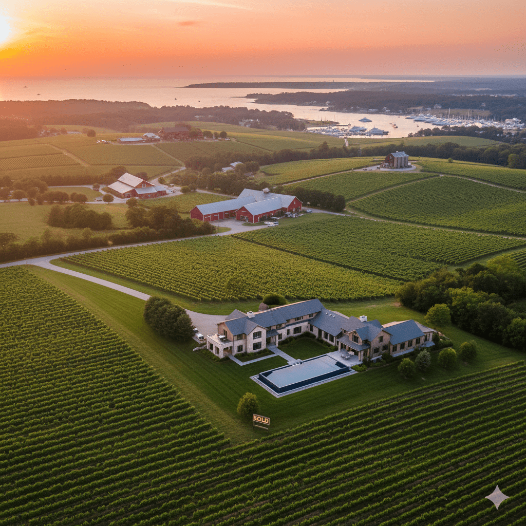 Aerial view of North Fork Long Island wine country showing luxury real estate properties, vineyards, and waterfront at sunset with investment opportunity potential