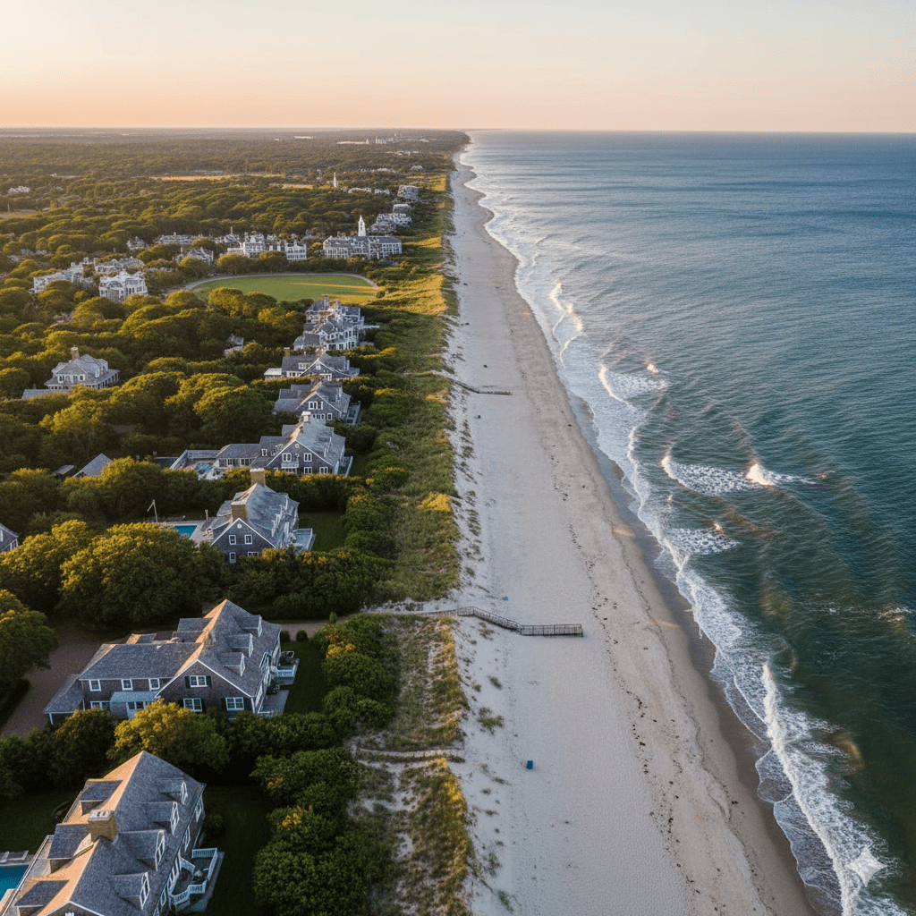 Aerial view of Amagansett Hamptons village showing luxury estates and pristine coastline