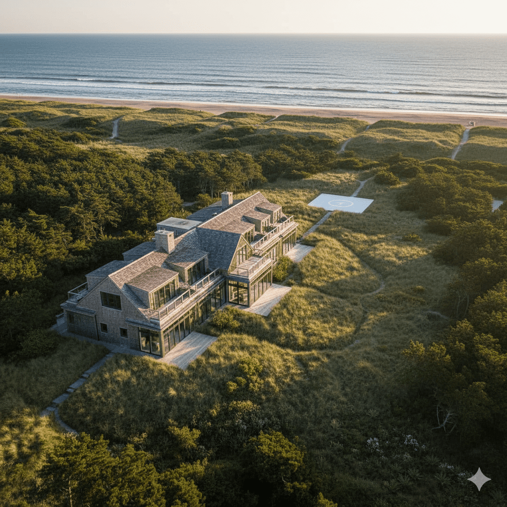 Exclusive Amagansett luxury hotel aerial view with helicopter and ocean backdrop showcasing ultimate privacy for billionaire guests