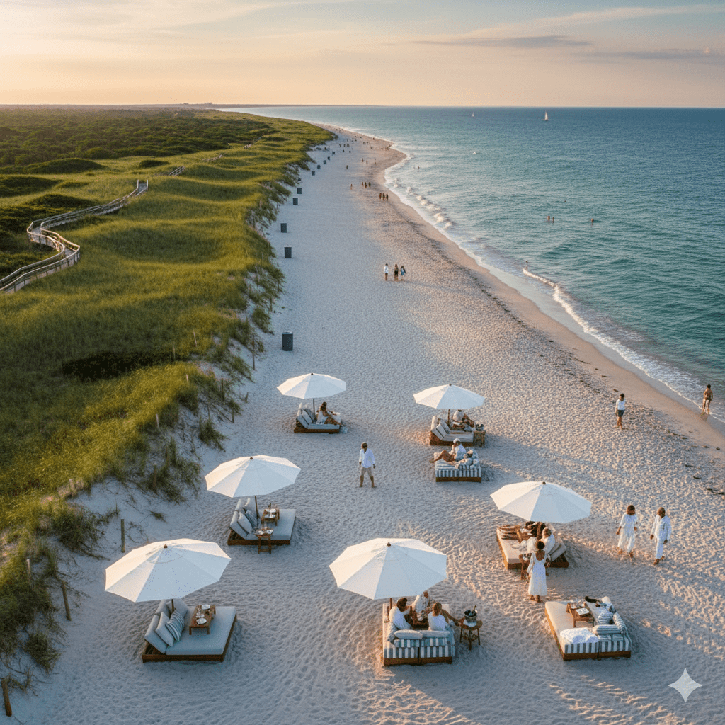 Aerial view of Atlantic Avenue Beach Amagansett showing pristine sand, blue waters, and luxury beach setups