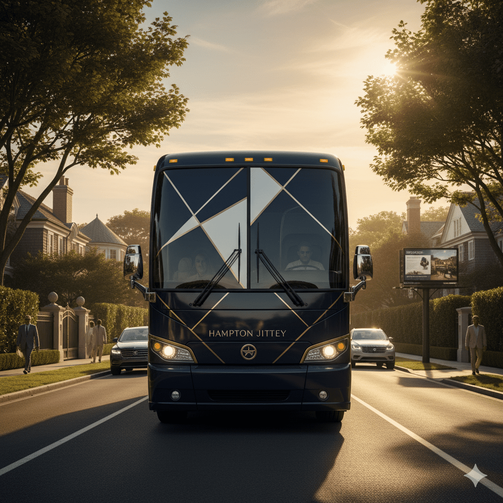 Luxury Hampton Jitney bus wrap dominates modest billboard in Hamptons advertising wars comparison