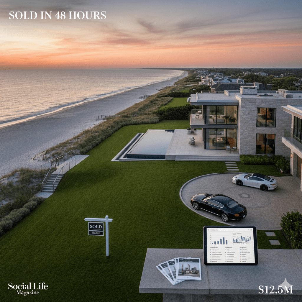 Luxury Hamptons oceanfront estate sold in 48 hours using secret advertising playbook - modern glass mansion with infinity pool overlooking Atlantic Ocean at sunset