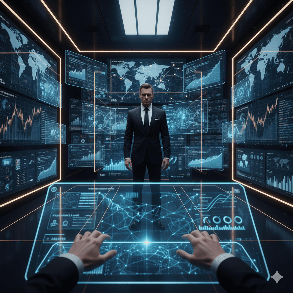 Billionaire in luxury control room managing AI-powered media platforms with real-time financial data and social networks