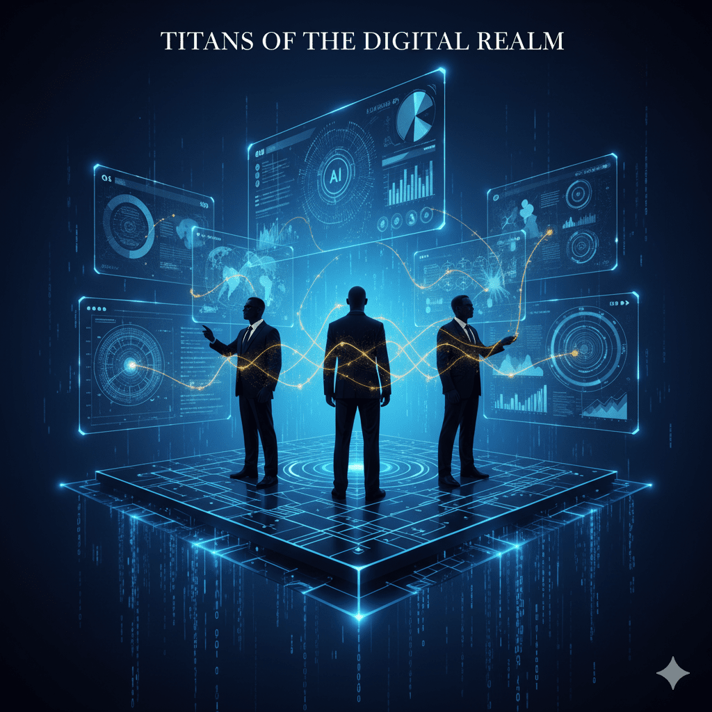 Three silhouetted tech titan figures standing on glowing circuit platform with floating AI algorithm screens and data visualizations in luxury editorial style