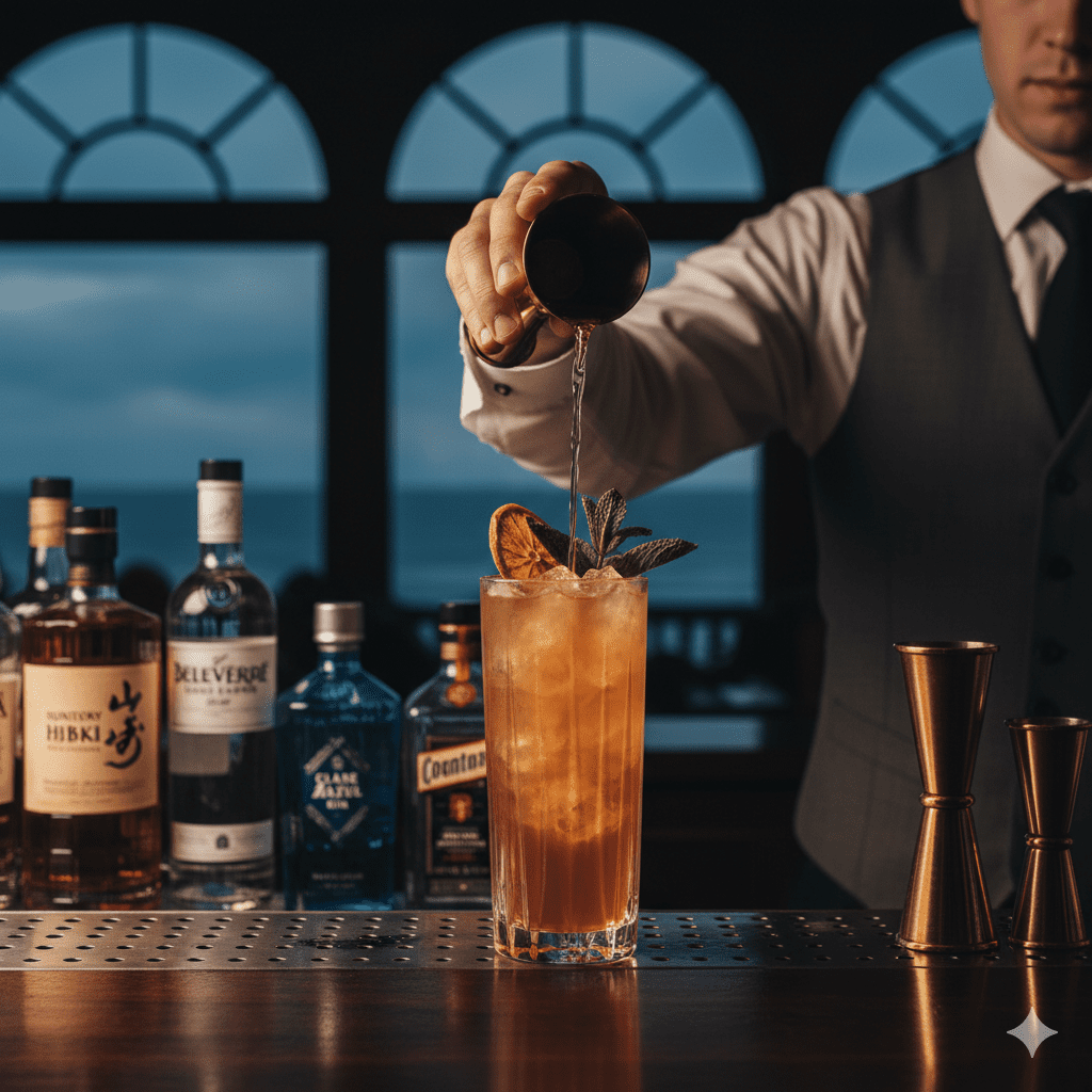 Premium Long Island Iced Tea cocktail being crafted with luxury spirits at upscale Hamptons bar