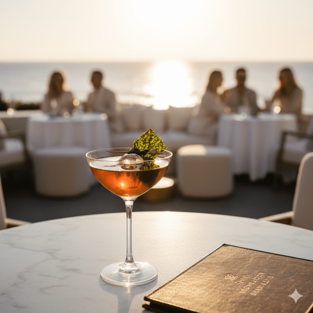 Sophisticated umami cocktail in crystal glass on Southampton Social Club terrace at sunset with elite social gathering in background