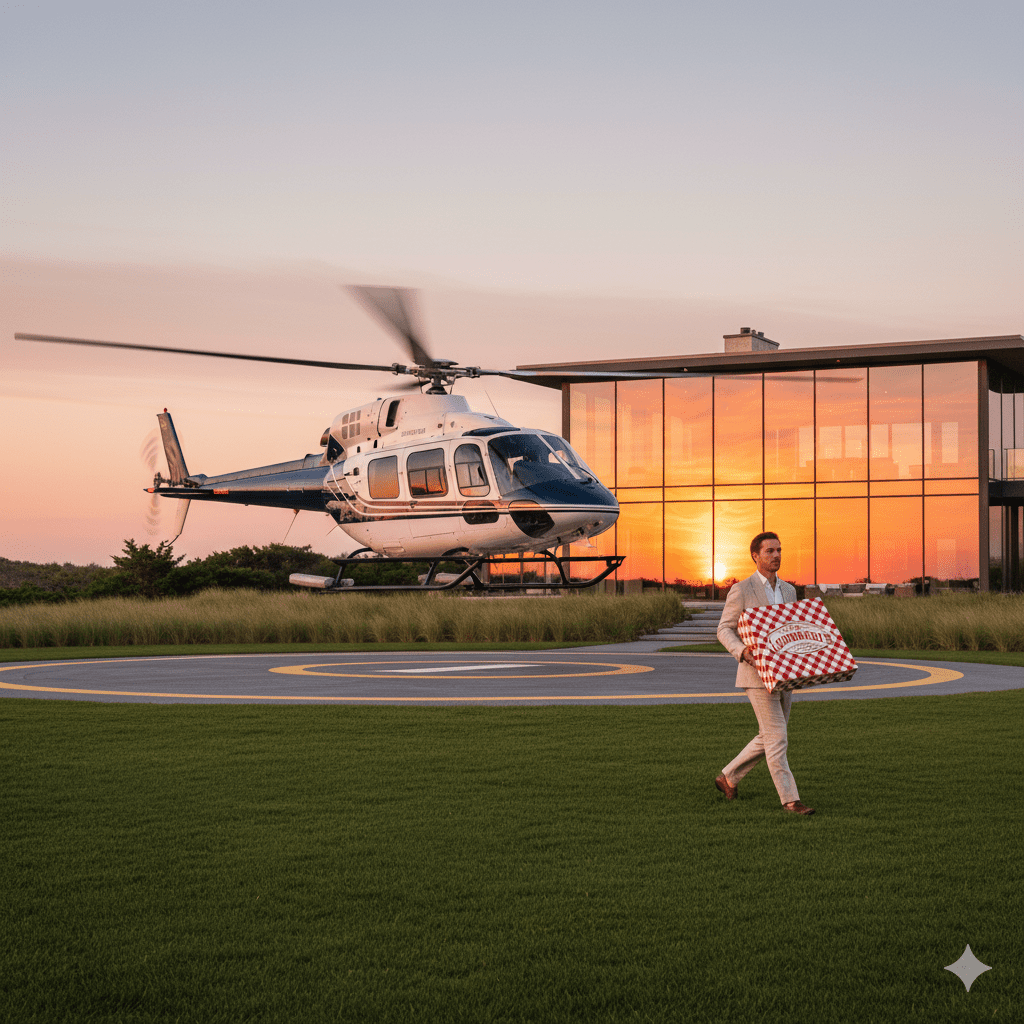 Luxury helicopter delivering authentic New York pizza to exclusive Hamptons estate at sunset