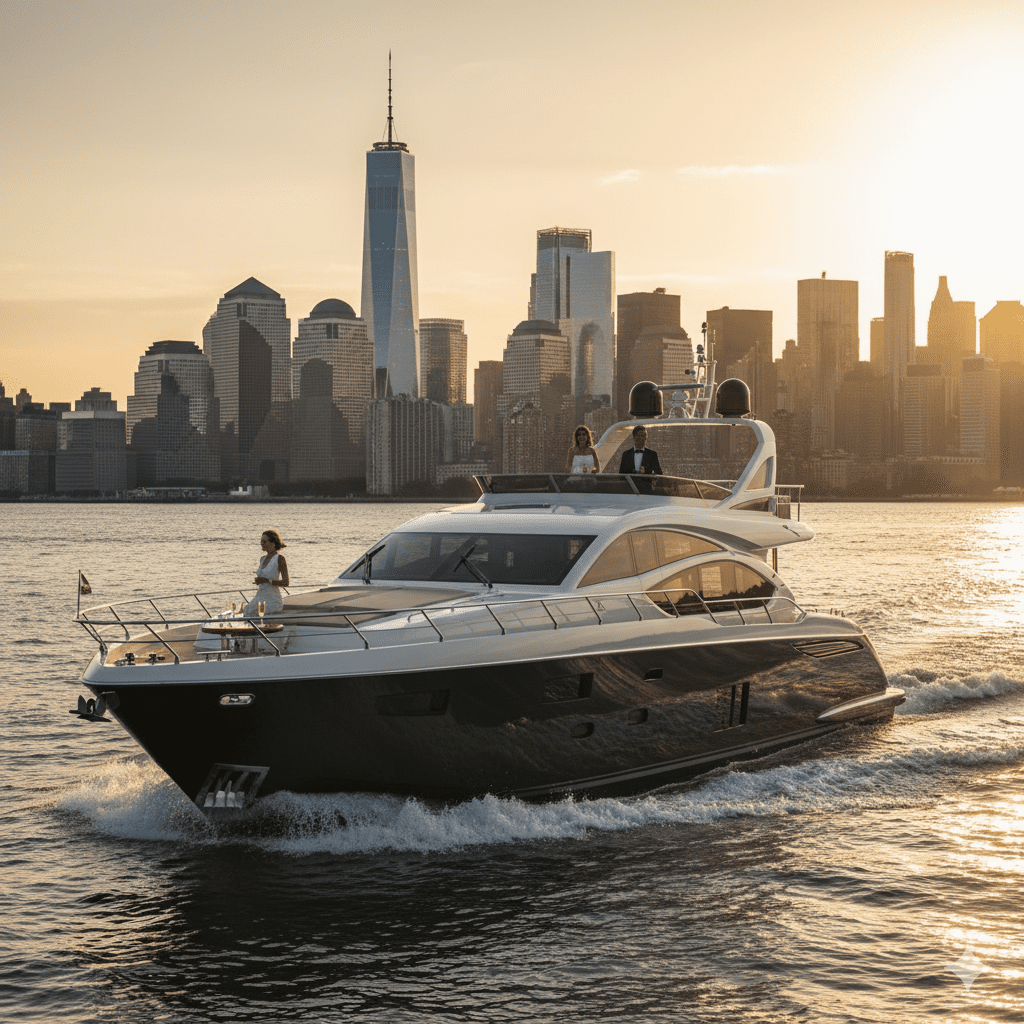 Ultra-luxury yacht charter departing Manhattan at sunset with city skyline backdrop