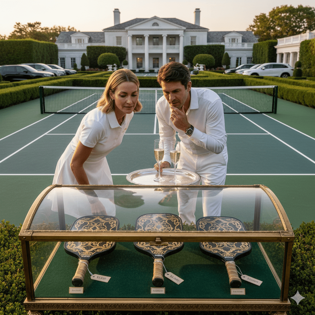 Luxury pickleball paddles displayed at exclusive private club showing expensive carbon fiber equipment worth thousands of dollars with elite members examining status symbol sporting goods