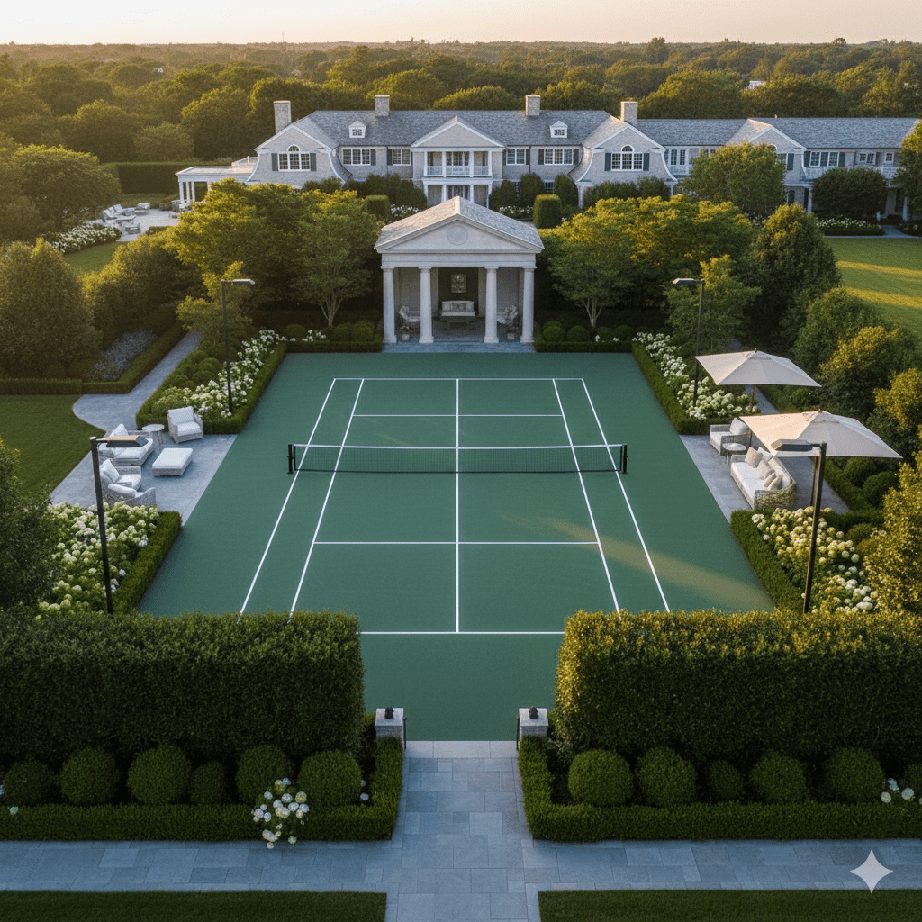 Luxury estate pickleball court with tournament-grade dimensions and elegant pavilion