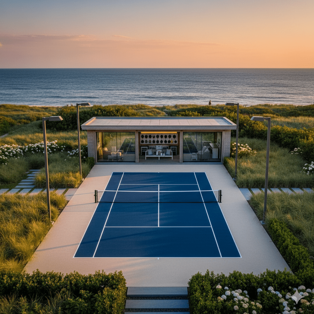 Luxury pickleball court at Hamptons oceanfront estate with premium equipment and ocean views
